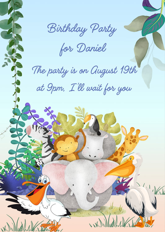 The jungle taxi, is an elephant that carries other jungle animals on its back. Printable birthday card for kids 3-10.