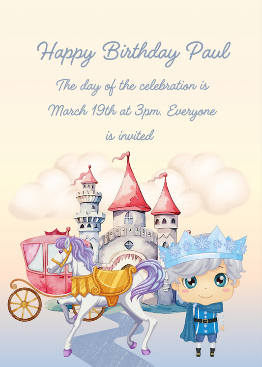 A child dressed as a king, with a horse, carriage and a castle in the background. Printable birthday card for boys 1-9.