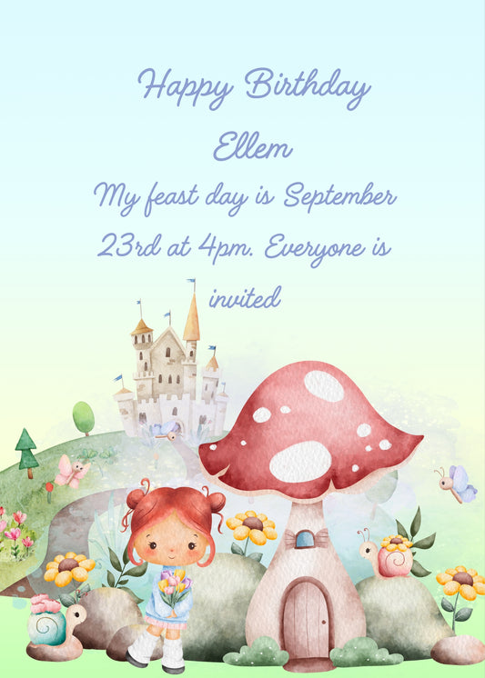 Landscape with castle, a big red mushroom for house and a little fairy. Printable birthday card for girls 1-9.