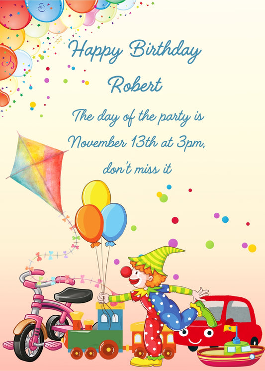 Clown with balloons in foreground, confetti, kite, and other colorful toys. Printable birthday card for kids 1-9.