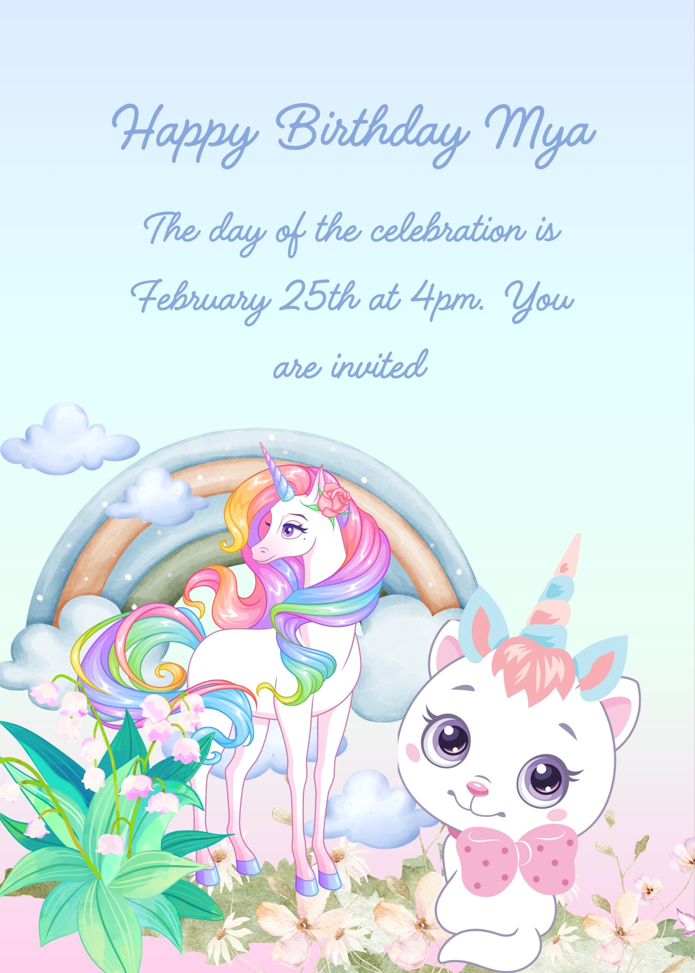 Cute kitten with ears and horn on its head, to imitate a unicorn that is sees on the lawn. Printable birthday card for kids 1-9.