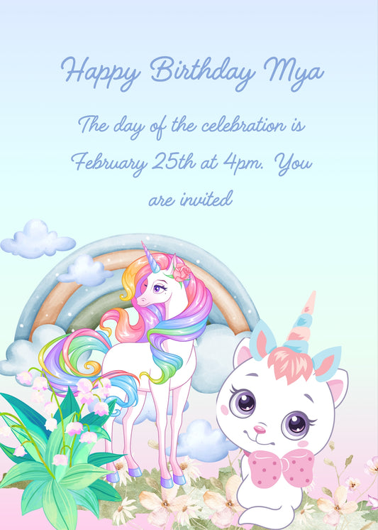 Cute kitten with ears and horn on its head, to imitate a unicorn that is sees on the lawn. Printable birthday card for kids 1-9.