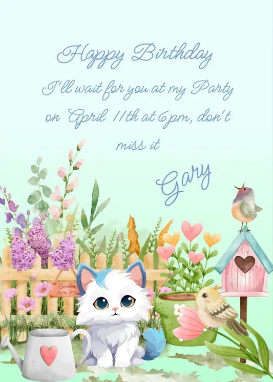 Cute white and blue kitten, is in the meadow of his romantic garden where some flowers are heart-shaped. A little bird sings for him. Printable birthday card for kids 1-12.