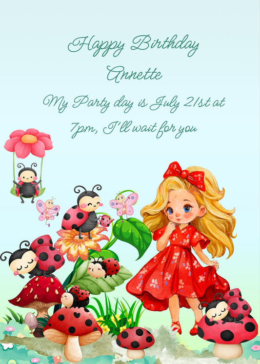 Little girl dressed in red in a garden where ladybugs sleep on polka-dotted mushrooms, and the swing is made of a flower. Printable birthday card for girls 
6-14.