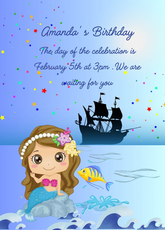 It's the Little Mermaid from Andersen's famous fairy tale, with the sailing ship in the background. Printable birthday card for girls 5-10.