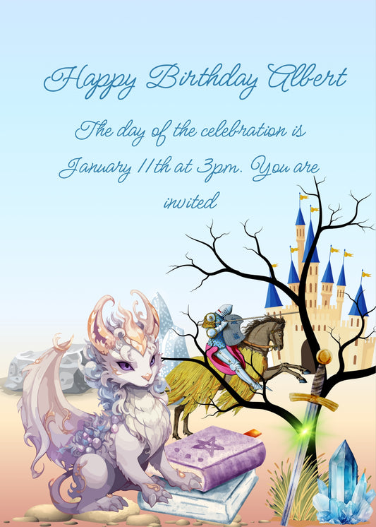 A white dragon is the gurdian of a magic sword. In the background a knight and a castle. Printable birthday card for boys 
9-14.