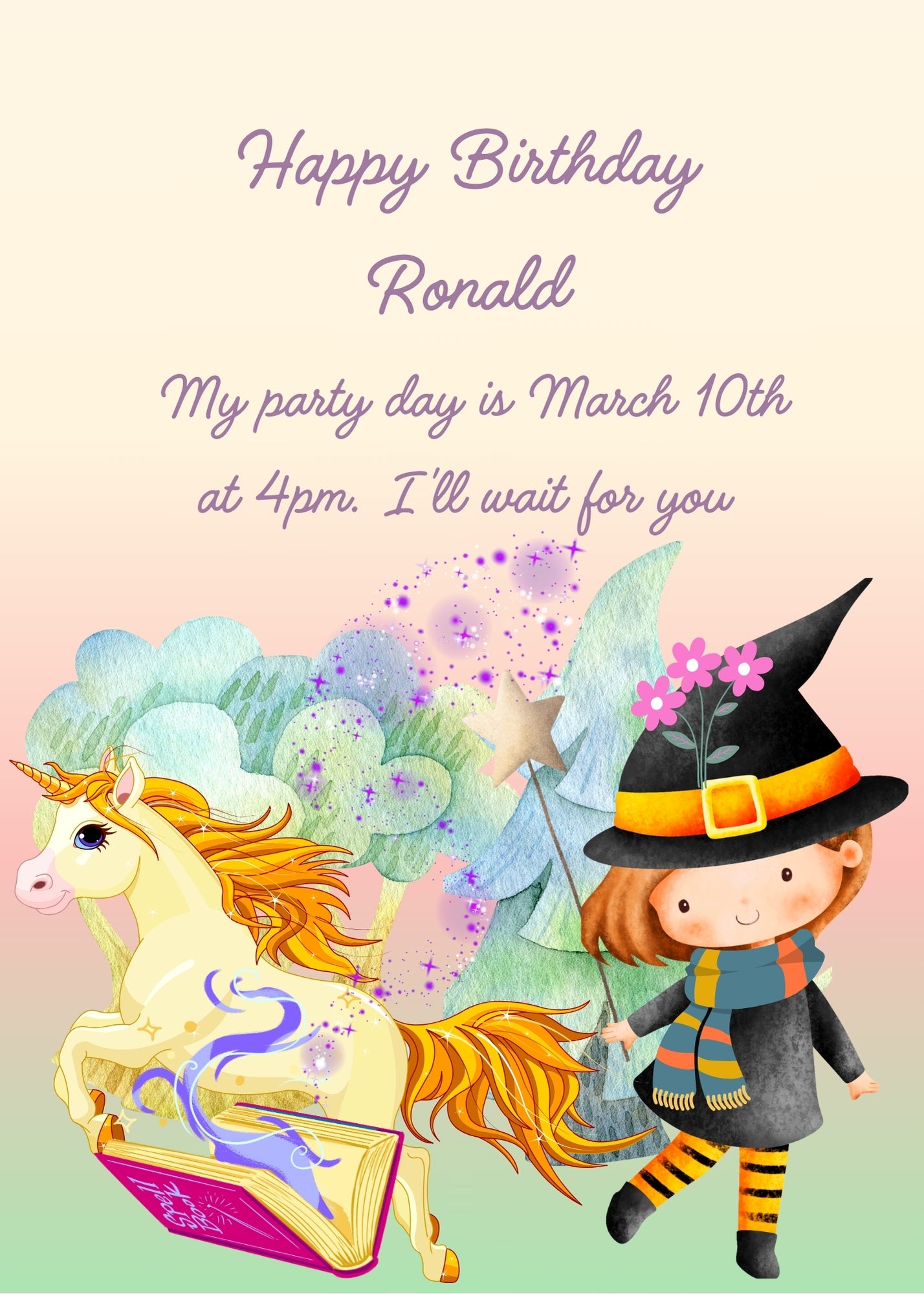 A little girls plays with a book and magic wand. A unicorn comes out of the book. Printable birthday card for kids 5-12.