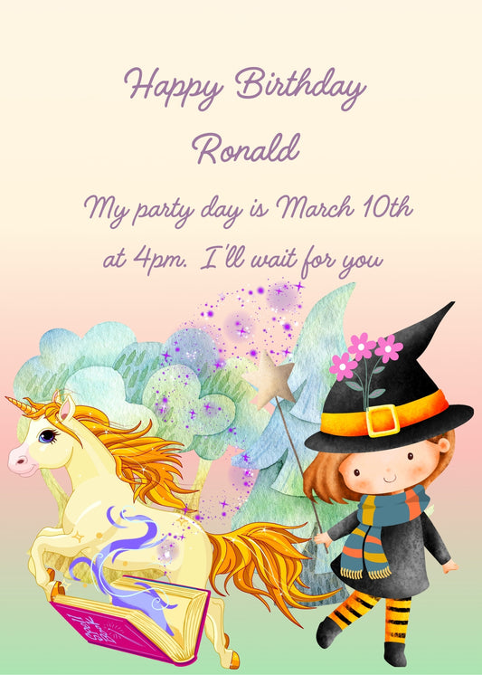A little girls plays with a book and magic wand. A unicorn comes out of the book. Printable birthday card for kids 5-12.