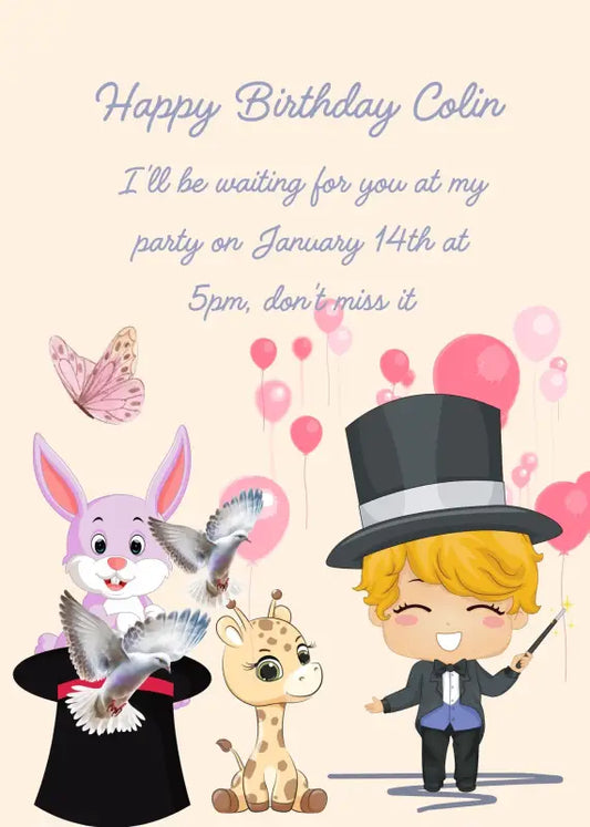 Child plays magician. From his top hat a funny bunny, a  giraffe and doves in flight appear. Printable birthday card for boys 
6-12.
