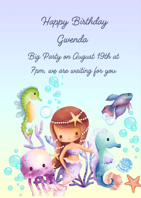 A little mermaid with her friends: a jellyfish, a little fish, and two seahorses. Printable birthday card for girls 1-9.