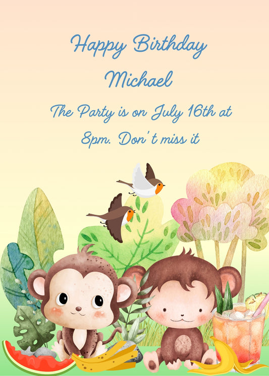 In a colorful jungle two monkeys have a snack: bananas, watermelon, and fruit juice. Printable birthday card for kids 1-8.