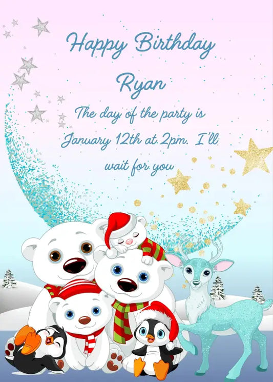 Snowy landscape with polar bear family, two cute penguins and a caribù. Big crescent moon in  the background with stars. Printable birthday card for kids 5-12.