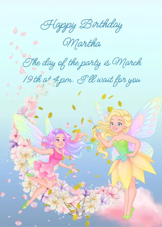 A moon made of flowers with two fairies. One in flight, and the other on a cloud. Printable birthday card for girls 9-14.