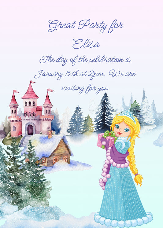 Snowy landscape with castle and forest. A princess with a gift package smiles. Printable birthday Christmas card for girls 8-12.