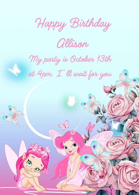 Cute pink fairies sitting near a rose hedge. Crescent moon, and fireflies in the background. Printable birthday card for girls 9-14.