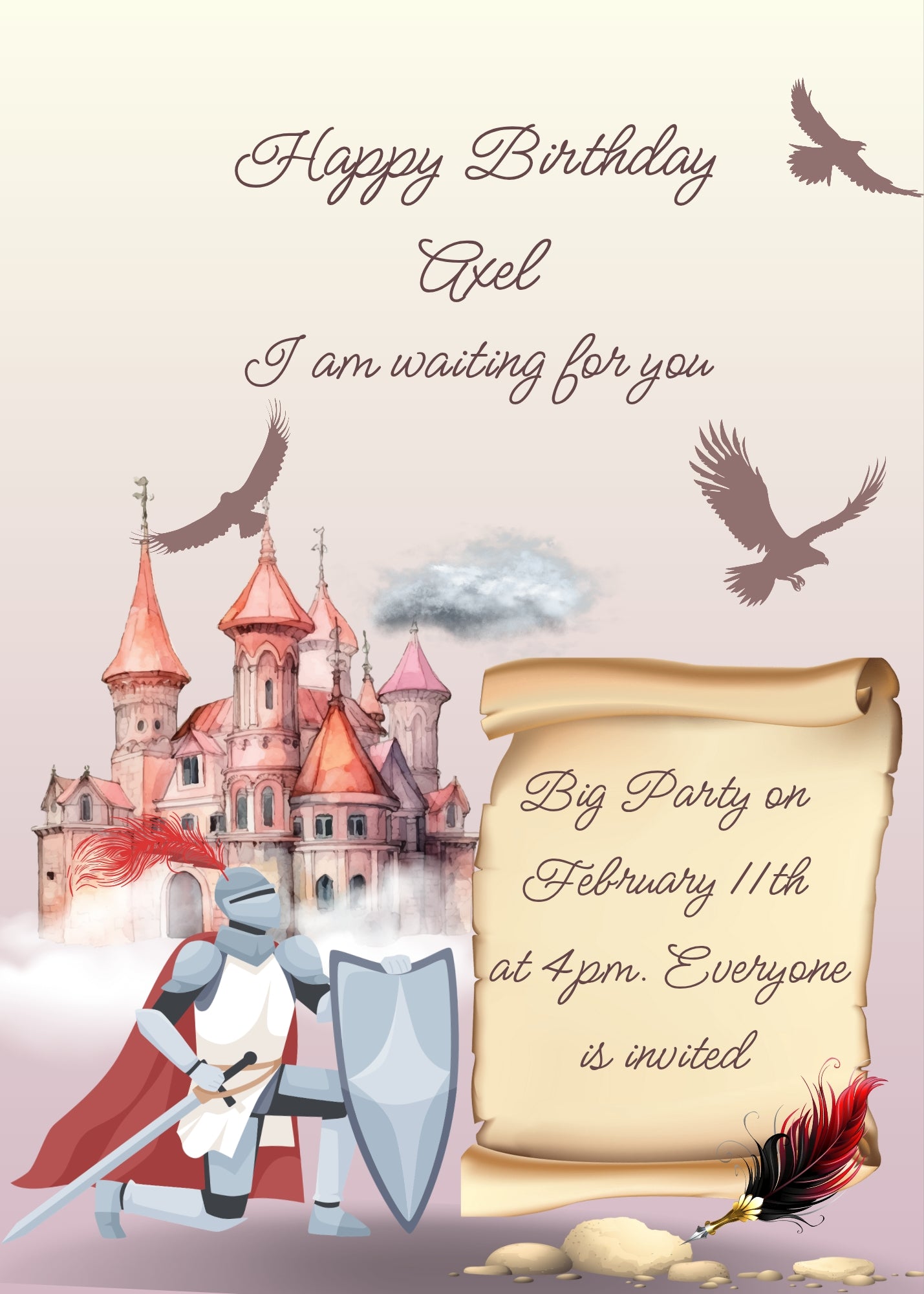 Castle, hawks, and clouds for background. A knight in armor is kneeling in front of a parchment. Printable birthday card for boys 10-14.