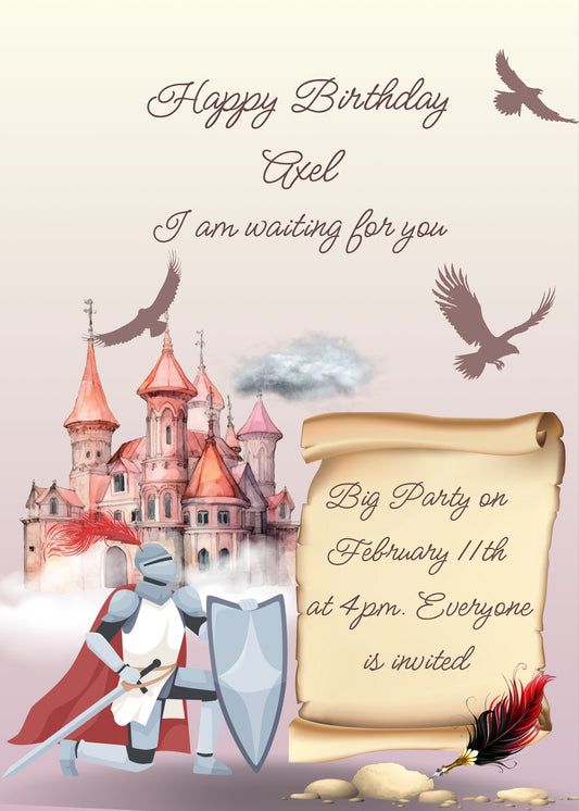 Castle, hawks, and clouds for background. A knight in armor is kneeling in front of a parchment. Printable birthday card for boys 10-14.