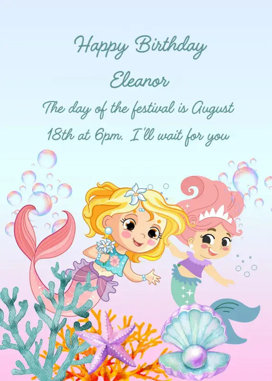 Two baby mermaids, swimming among the coral, find an oyster with a pearl. Printable birthday card for girls 1-9.
