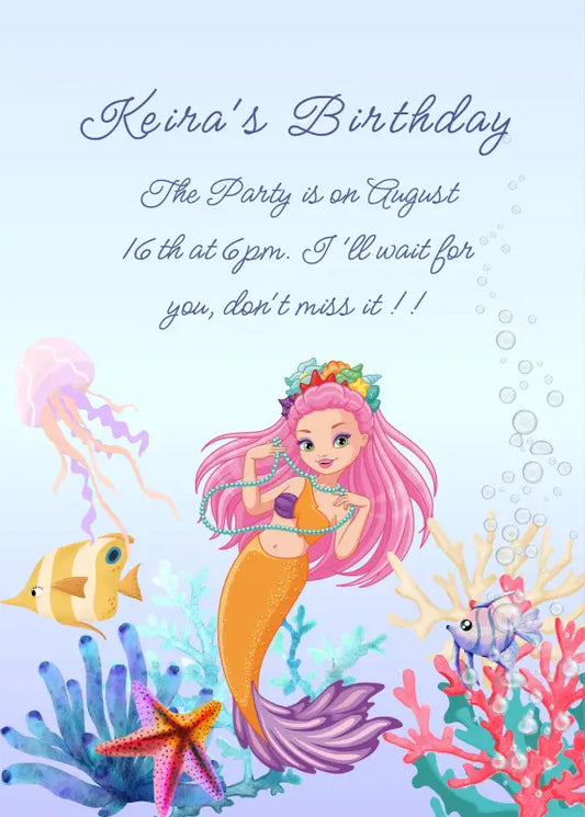 A pretty pink-haired mermaid displays a pearl necklace. Coral reefs on the seabed. Printable birthday card for girls 10-14.