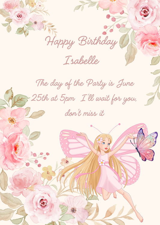 Soft colors for a fairy butterfly wings and rose flowers. A butterfly approaches her. Printable birthday card for girls 8-14.
