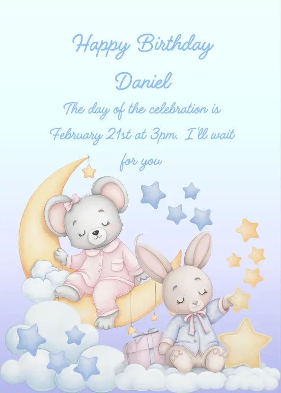 A cute little mouse, wearing pink pajamas sitting on the moon. A little bunny on a clouds, in blue pajamas, playing with the stars. Printable birthday card for kids 1-8.