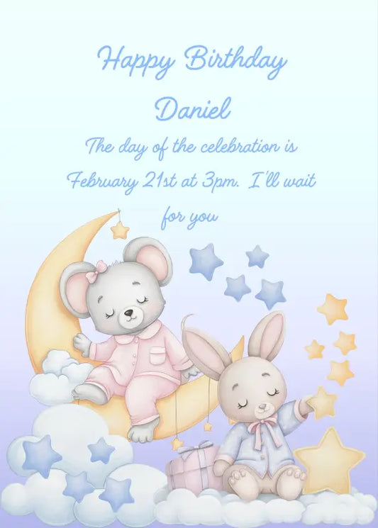 A cute little mouse, wearing pink pajamas sitting on the moon. A little bunny on a clouds, in blue pajamas, playing with the stars. Printable birthday card for kids 1-8.