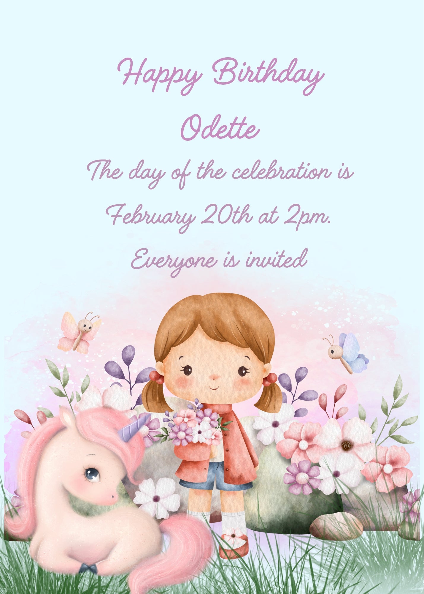 Little girl in a meadow with a bunch of flower in her hand, together with a pink unicorn. Printale birthday card for girls 
 1-10.