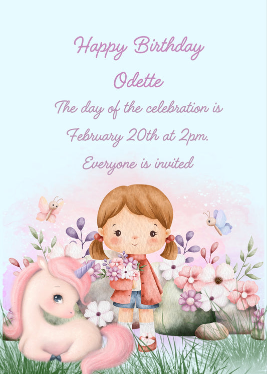Little girl in a meadow with a bunch of flower in her hand, together with a pink unicorn. Printale birthday card for girls 
 1-10.