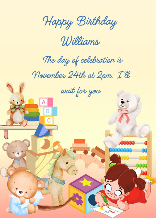 Room full of toys, with little girl drawing while lying on the floor. Printable birthday card for kids 1-9.