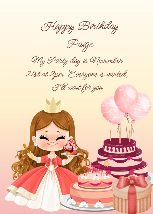 A funny princess, with cakes, gift and balloons. In her hand a plate with cupcakes. Printable birthday card for girls 1-12.