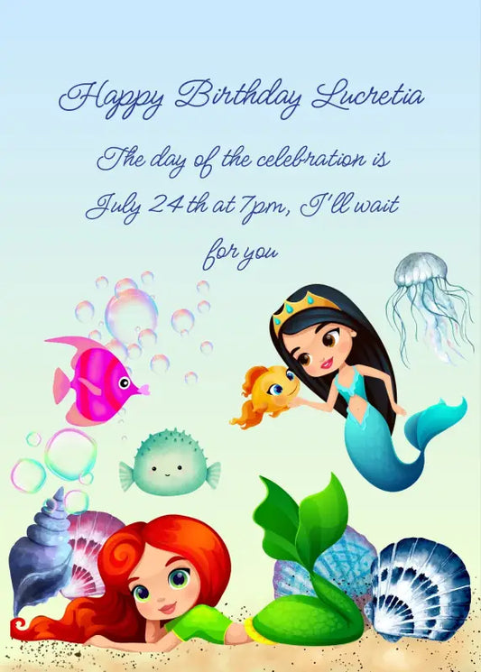 A little mermaid is lying on a seabed, looking at the shells, while the other exchanges glances with a puffer fish. Printable birthday card for girls 6-12.