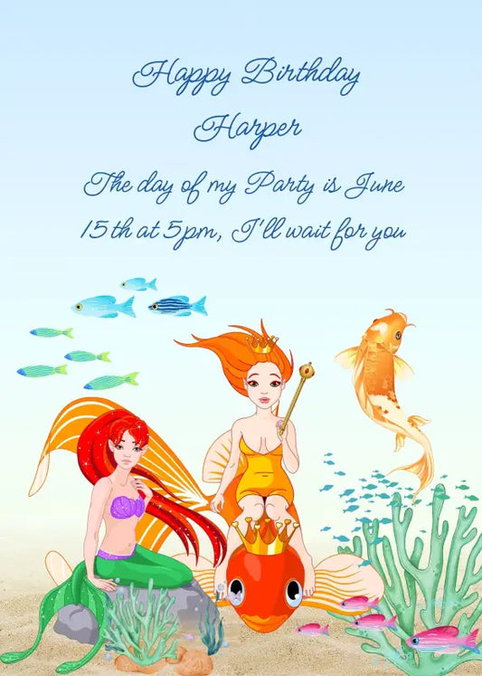 A sea queen rides a Japanese fish, and a red-haired mermaid sits on a rock on the seabed. Printable birthday card for girls 
9-14.