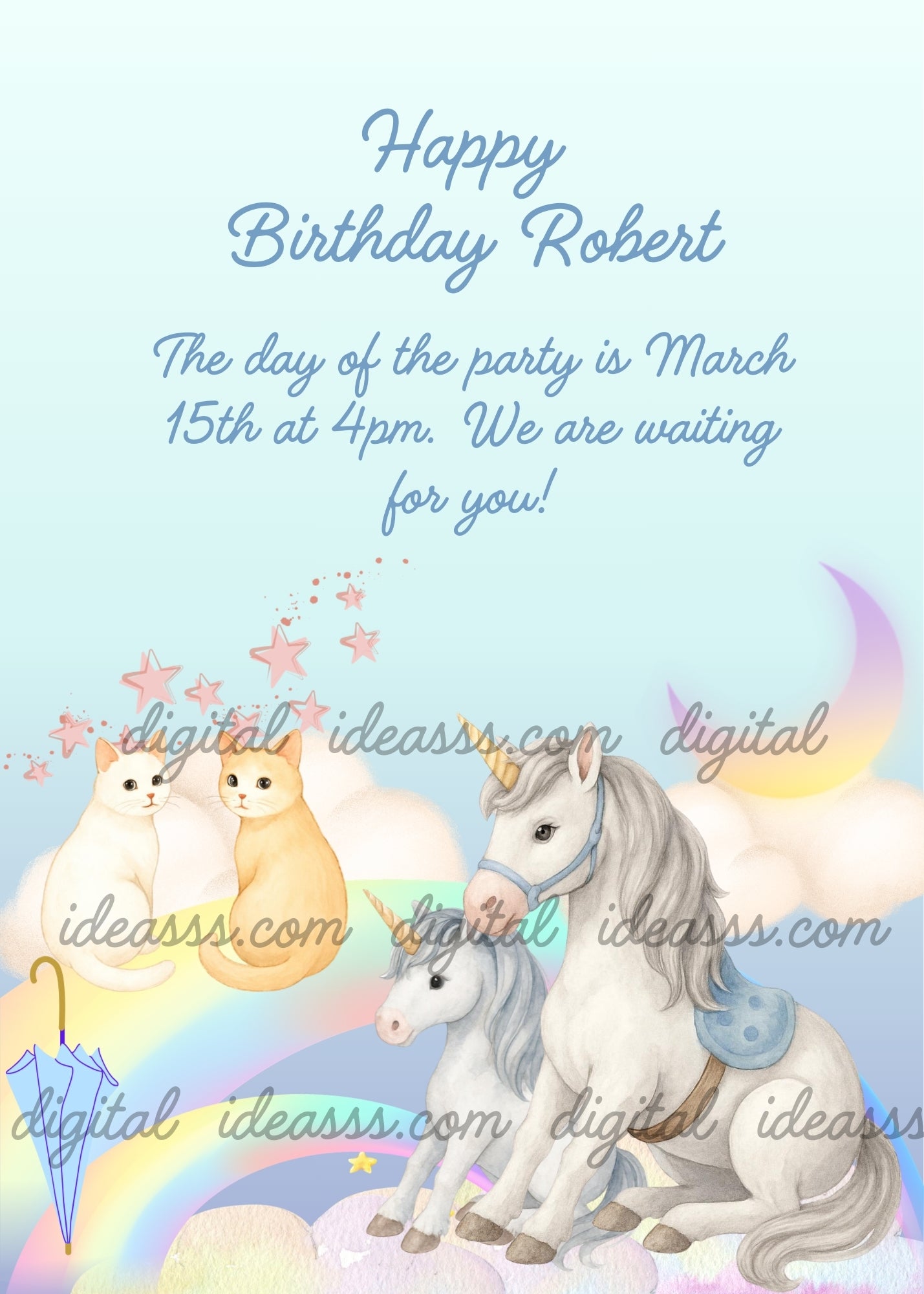Two unicorns among clouds and a rainbow, along with two cute kittens holding an umbrella. Printable greeting card for children ages 1-12.