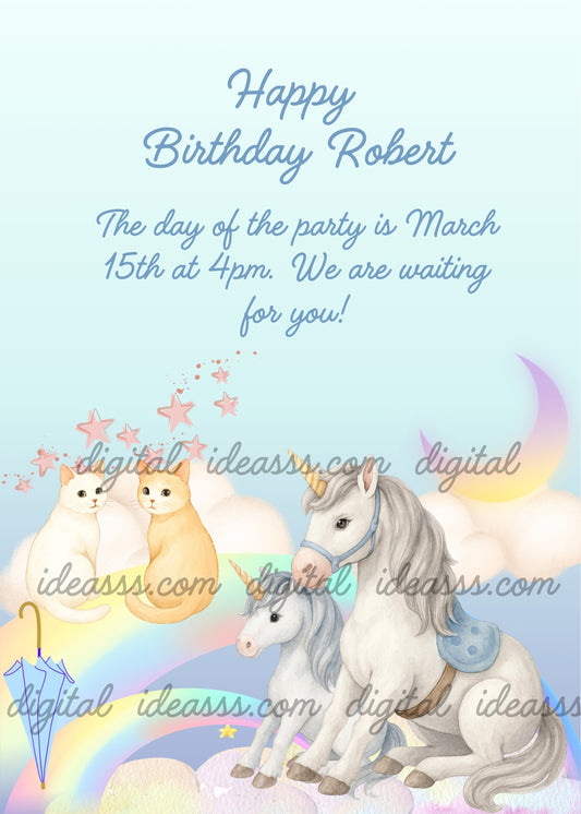Two unicorns among clouds and a rainbow, along with two cute kittens holding an umbrella. Printable greeting card for children ages 1-12.