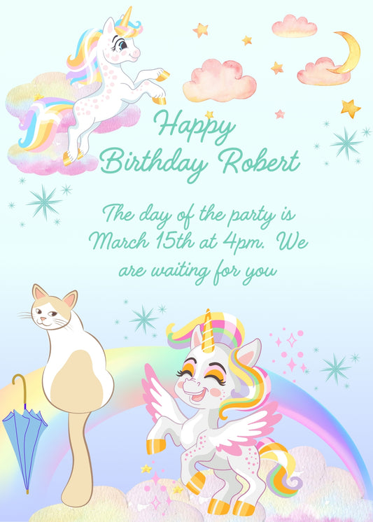 Smiling unicorns among clouds and rainbow. But there is a kitten with an umbrella, seems to say: the rainbow is mine too. Printable birthday card for 
kids 1-12.