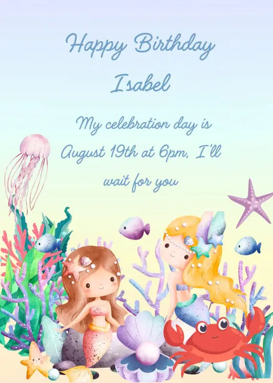 Two baby mermaids among seaweed and coral, next to them a funny red crab. Printable birthday card for girls 1-8.
