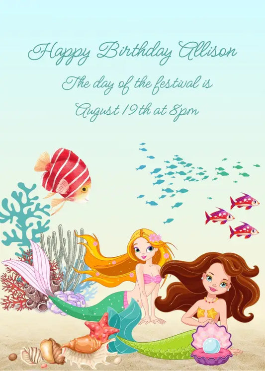 Teenage mermaids on the seabed with shells and coral. A goldfish swims nearby. Printable birthday card for girls 9-14.