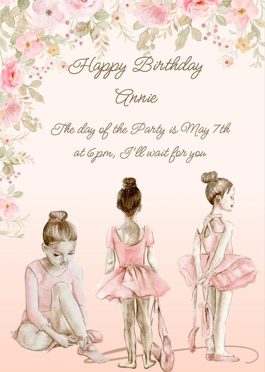 Elegant and delicate card in light pink tones, with roses, an three ballerinas on rehearsal break. Printable birthday card for girls 10-14.