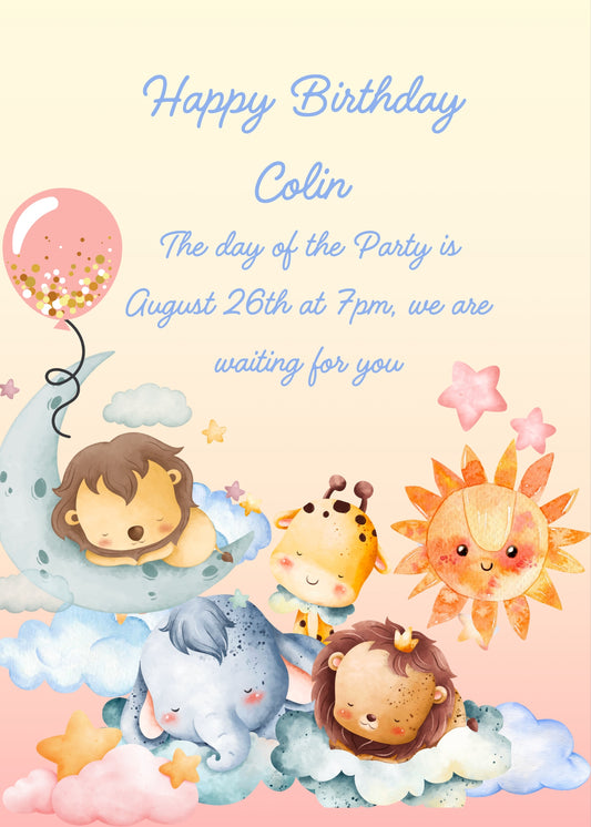 Jungle animals sleep peacefully among the clouds under the scorching sun. Printable birthday card for kids 1-9.