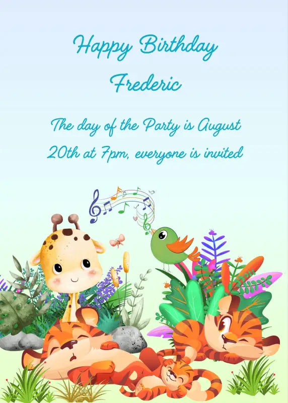 The tiger are sleeping, but a little bird sings for a giraffe. A tiger opens one eye and watches. Printable birthday card for kids 5-12.