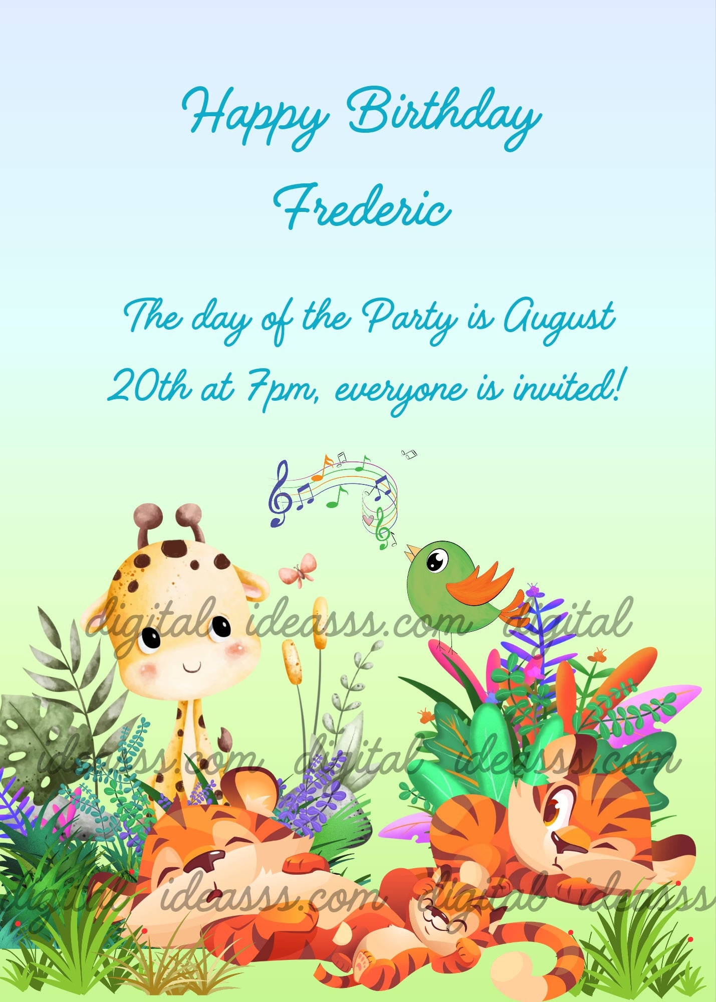 The tiger are sleeping, but a little bird sings for a giraffe. A tiger opens one eye and watches. Printable birthday card for kids 5-10. 
