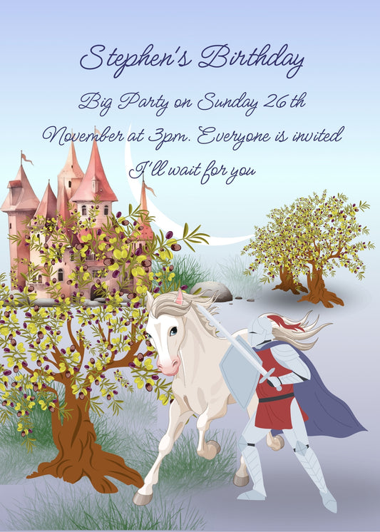 Sunset with moon. The return of a knight, dismounted from his horse, with sword in hand, hides among the chestnut trees. In the background his castle. Printable birthday card for boys 10-14.