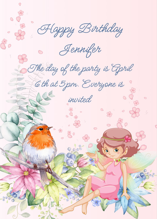 In the foreground a fairy sitting on a flowers; on a branch a robin. Printable birthday card for girls 9-14.