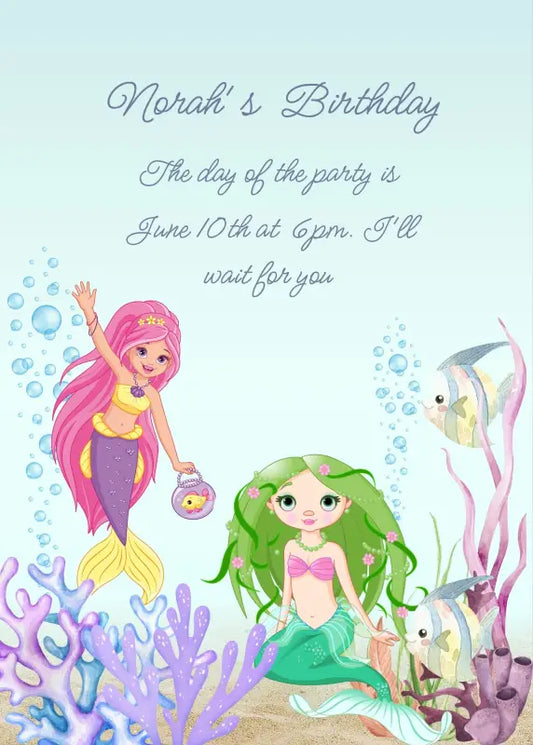 Two little mermaids with colorful hair on the seabed among the corals. Printable birthday card for girls 9-14.