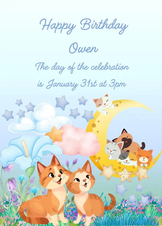 A flowery meadow, two kittens looking at the moon in wonder, because it is inhabited by cats. Printable birthday card for kids 5-12.