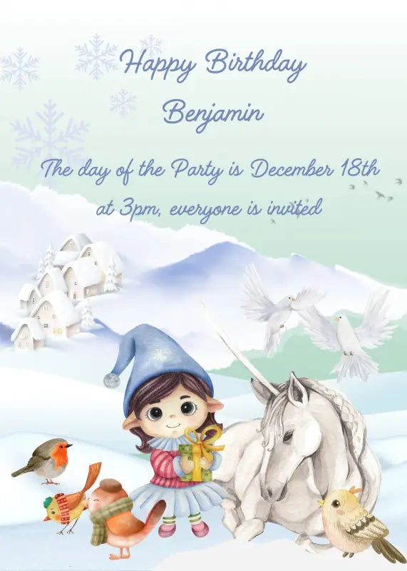 A fairy holds a gift; next to it a whte unicorn. Background with snowy landscape. Printable birthday card for
 kids  6-12.