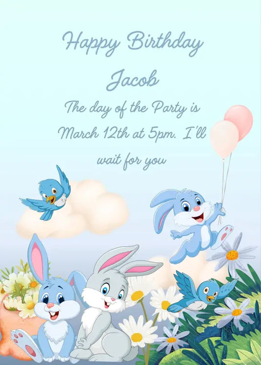 Cute little bunnies sitting in a flowery meadow. One of them runs happily with balloons, two little birds are watching them. Printable birthday card for kids 1-12.