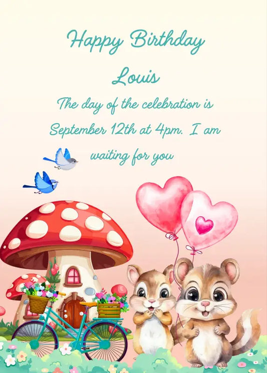 A mushroom-shaped house or two cute squirrels with balloons and a bicycle. Printable birthday card for kids 1-9.