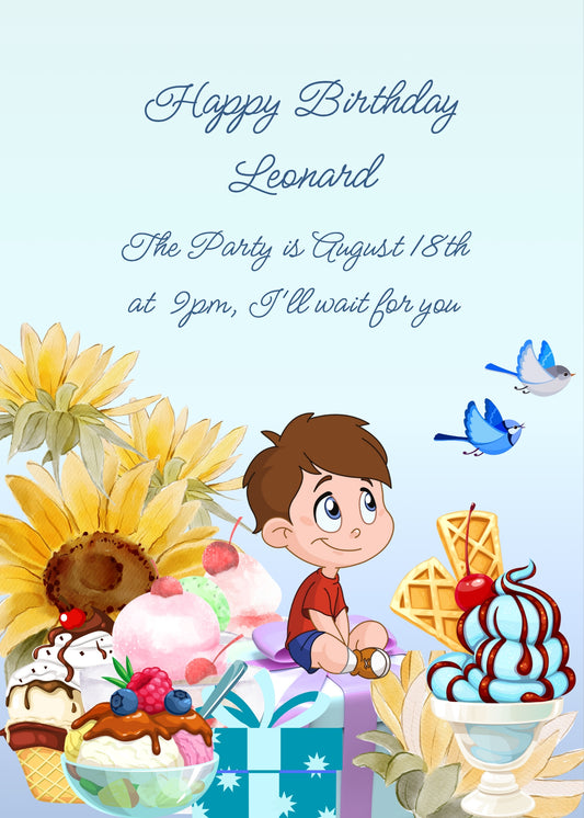 Child sitting on gift boxes watching two birds in flight. Around him ice cream and sunflowers. Printable birthday card for boys 7-12.