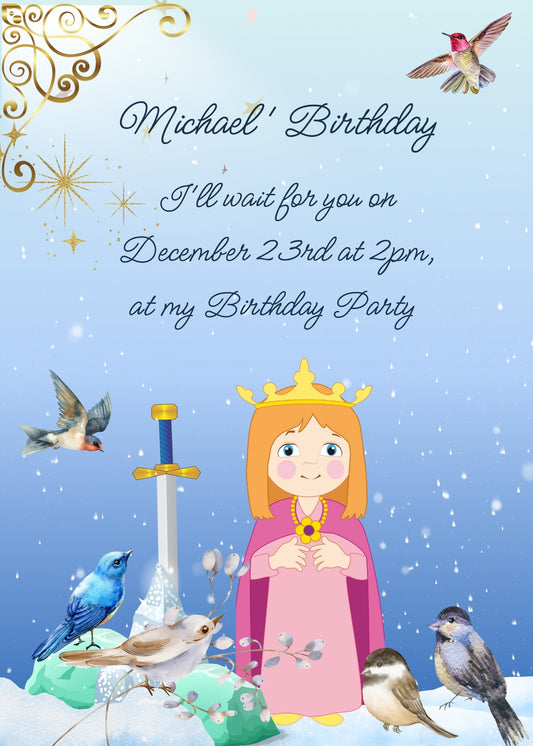 The snow is falling, a sword in a stone a young king, many little bird are approaching him. Printable birthday card for boys 8-12.